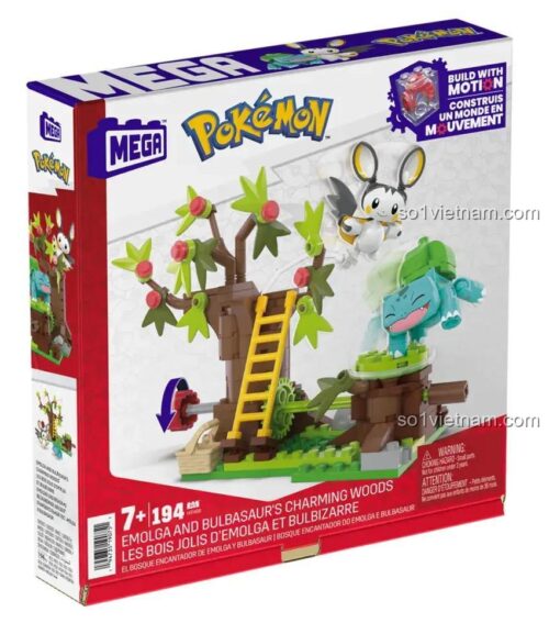 Hộp sản phẩm Pokémon Emolga And Bulbasaur's Charming Woods Mega Bloks HTH69, đồ chơi lắp ghép cho bé 7 tuổi, 194 chi tiết, có hình ảnh Emolga và Bulbasaur