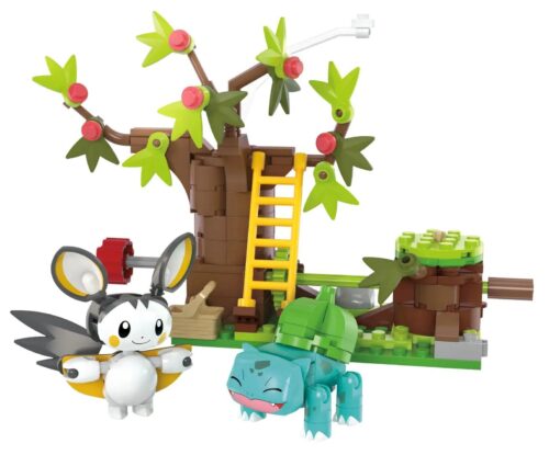 Mô hình Pokémon Emolga và Bulbasaur's Charming Woods Mega Bloks HTH69, đồ chơi lắp ghép cho bé 7 tuổi, có 194 chi tiết, màu xanh lá, nâu, trắng, vàng, phù hợp cho cả bé trai và bé gái