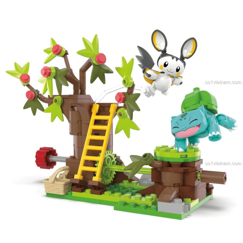 Chi tiết mô hình Pokémon Emolga và Bulbasaur's Charming Woods Mega Bloks HTH69, đồ chơi lắp ghép cho bé 7 tuổi, có 194 chi tiết, màu xanh lá, nâu, trắng, vàng