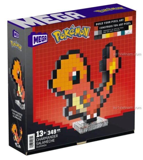 Hộp sản phẩm Mô hình Pixel Art Charmander Mega Bloks HTH76, đồ chơi lắp ghép Pokémon Charmander, bộ lắp ráp Charmander, đồ chơi sáng tạo