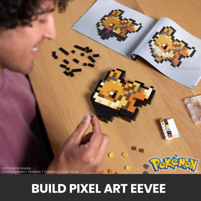 Người lớn lắp ráp mô hình Eevee pixel art Mega Bloks HTH78, đồ chơi sáng tạo Pokémon Eevee, bộ lắp ghép 323 mảnh