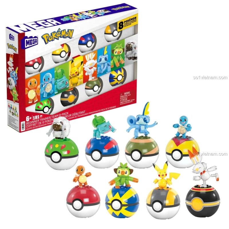 Bộ 8 Pokeball lắp ráp từ Bộ 8 Pokémon Trainerteam Mega Bloks HTJ75, đồ chơi sáng tạo cho bé 6 tuổi