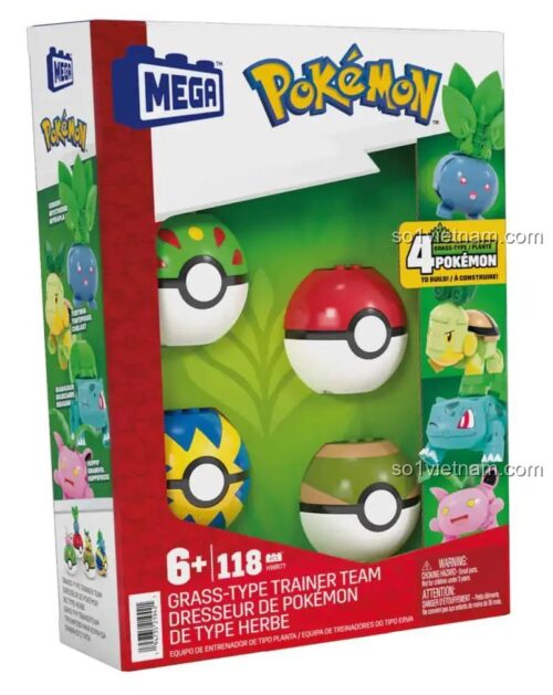 Hộp sản phẩm đồ chơi mô hình Pokémon Hệ Cỏ Mega Bloks HWR77, quà tặng sinh nhật ý nghĩa cho bé trai 6 tuổi.