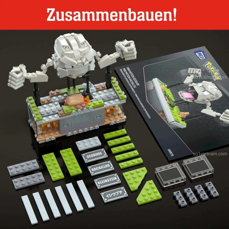 Các bộ phận của Pokémon Mini Motion Geodude Mega Bloks HWR79, bộ đồ chơi 355 mảnh, đồ chơi giáo dục cho bé 13 tuổi