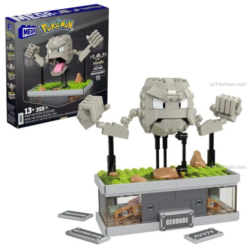 Hộp sản phẩm Pokémon Mini Motion Geodude Mega Bloks HWR79, bộ đồ chơi 355 mảnh, đồ chơi xếp hình cho bé 13 tuổi
