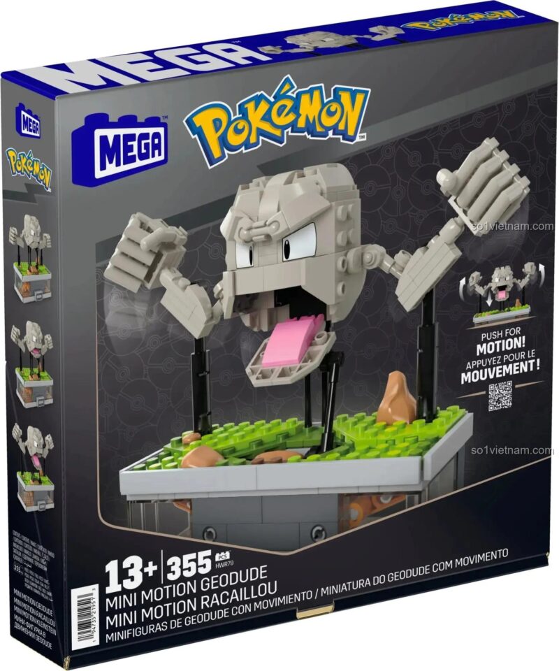 Hộp sản phẩm Pokémon Mini Motion Geodude Mega Bloks HWR79 bên cạnh mô hình, bộ đồ chơi 355 mảnh, đồ chơi giáo dục cho bé 13 tuổi