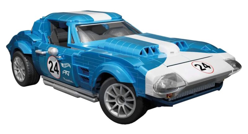 Mô hình xe đua Mega Bloks HWW23 Corvette Grand Sport 1963 màu xanh trắng, chi tiết động cơ, nội thất, cửa mở, có mô hình xe thu nhỏ đi kèm, đồ chơi lắp ráp cho người lớn 18 tuổi