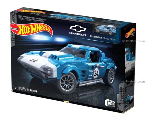 Hộp sản phẩm Mega Bloks HWW23 mô hình xe đua Corvette Grand Sport 1963, có hình ảnh xe lắp ráp và mô hình xe thu nhỏ, đồ chơi lắp ráp cho người lớn 18 tuổi