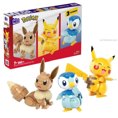 Hộp sản phẩm Bộ Lắp Ghép Pokémon: Pikachu, Eevee, Piplup (HWX16) - Mega Bloks - 583 Mảnh - Đồ chơi giáo dục cho bé 7 tuổi