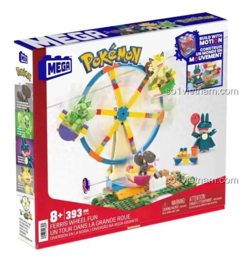 Hộp sản phẩm Vòng Quay Vui Vẻ Pokémon HXF80 của MEGA Bloks, đồ chơi lắp ghép 393 mảnh cho bé 8 tuổi