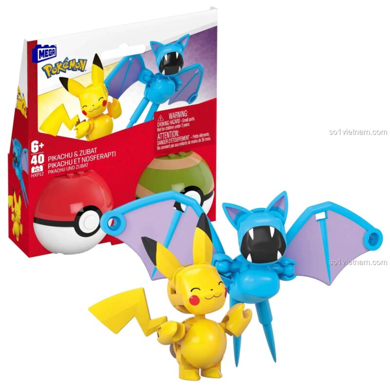 Bộ lắp ghép Pokémon Pikachu & Zubat Mega Bloks HXP12 sau khi lắp ráp từ hộp, đồ chơi cho bé 6 tuổi, thế giới Pokémon