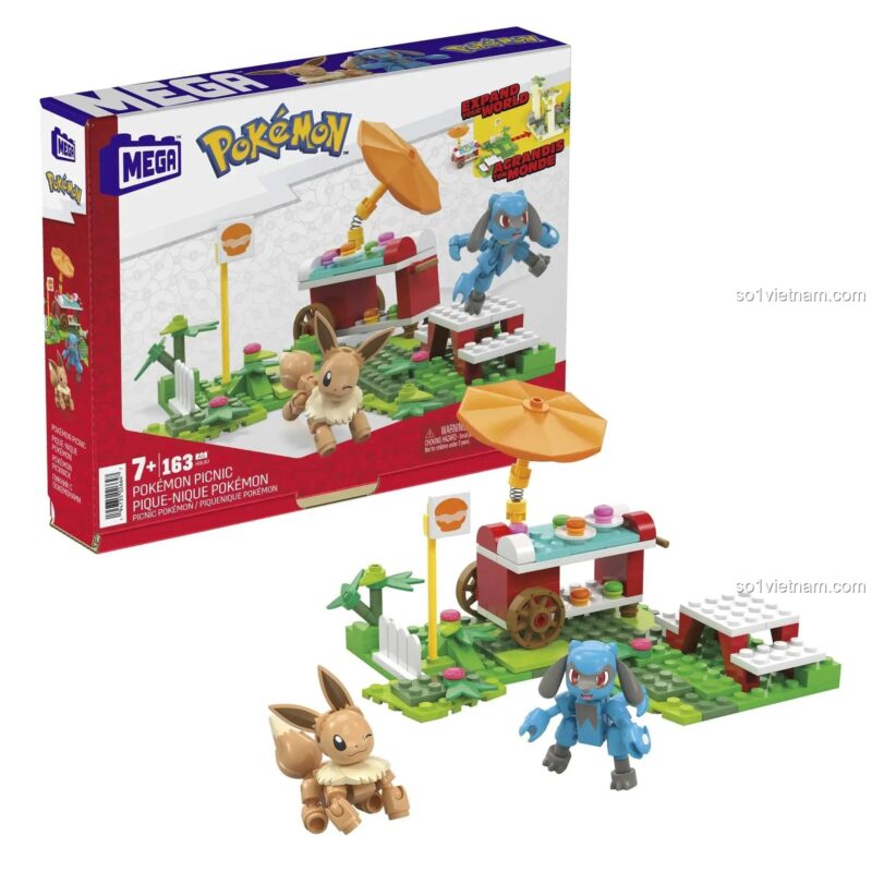Hộp sản phẩm Mega Bloks Pokémon HDL80 và mô hình lắp ráp hoàn chỉnh với nhân vật Eevee và Riolu.
