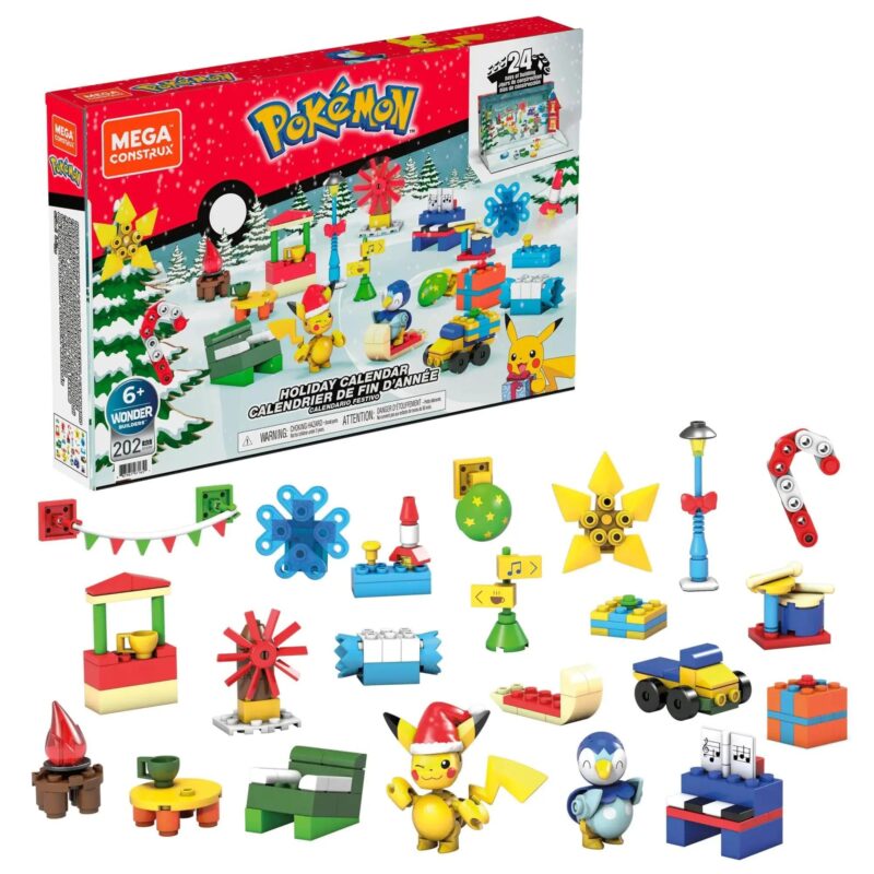 Hộp sản phẩm Mega Construx GYG99 Pokémon Holiday Calendar với hình ảnh Pikachu và Piplup trong không khí Giáng Sinh