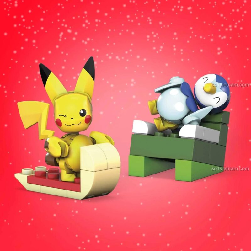 Pikachu và Piplup trên xe trượt tuyết, một cảnh trong Mega Construx GYG99 Pokémon Holiday Calendar