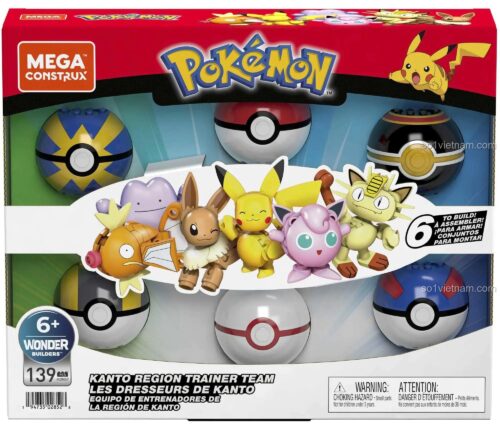 Hộp sản phẩm Mega Construx HDN57 Pokémon Kanto Region Trainer Team, bộ lắp ghép 139 chi tiết cho bé 6 tuổi