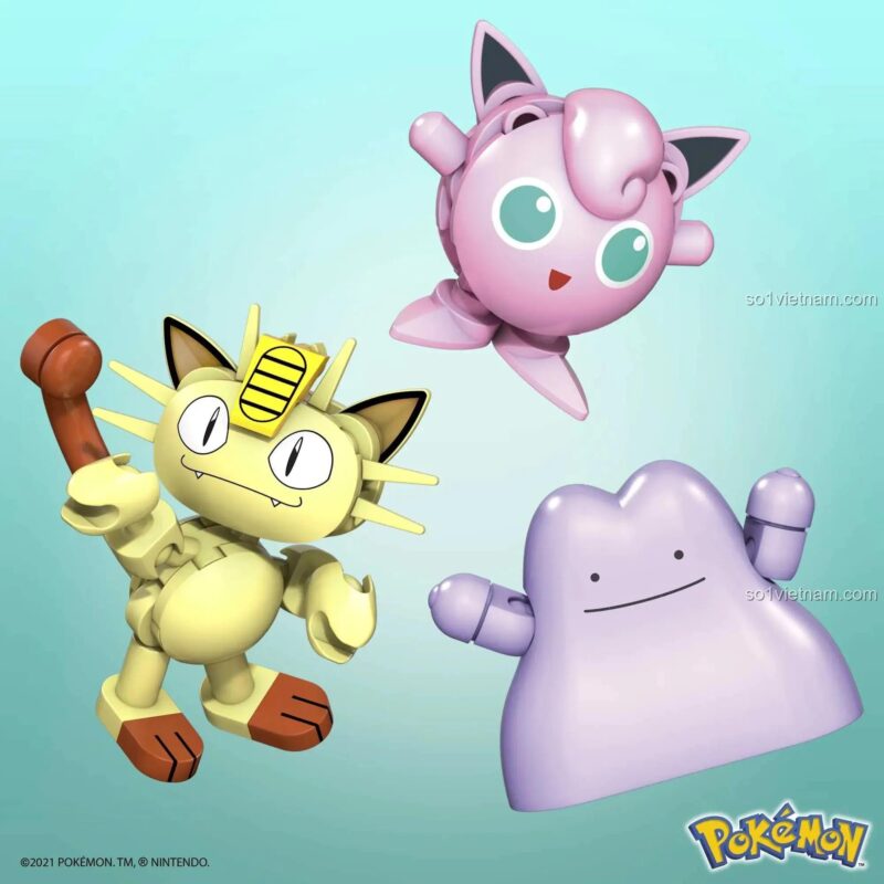 Mô hình Jigglypuff, Meowth, Ditto từ bộ lắp ghép Mega Construx HDN57 Pokémon Kanto Region Trainer Team