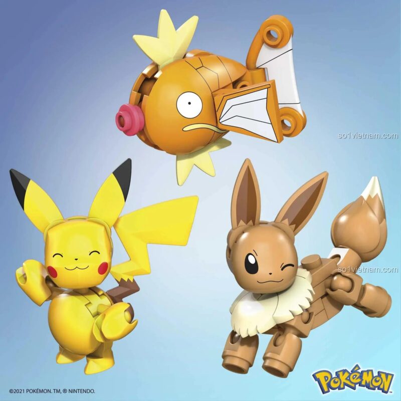 Mô hình Pikachu, Eevee, Magikarp từ bộ lắp ghép Mega Construx HDN57 Pokémon Kanto Region Trainer Team