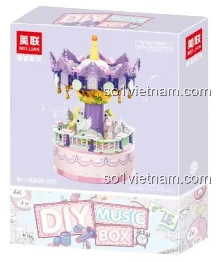 Vỏ hộp của đồ chơi mô hình hộp nhạc lắp ráp Mei Lian JX099, hiển thị hình ảnh sản phẩm hoàn thiện và thông tin 456 mảnh ghép. Món quà sáng tạo cho bé gái.