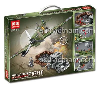 Mặt bên hộp sản phẩm MEILIAN 98302 bộ đồ chơi Xe Jeep Quân Sự Đức Opel Truck và Máy Bay Chiến Đấu Anh Spitfire