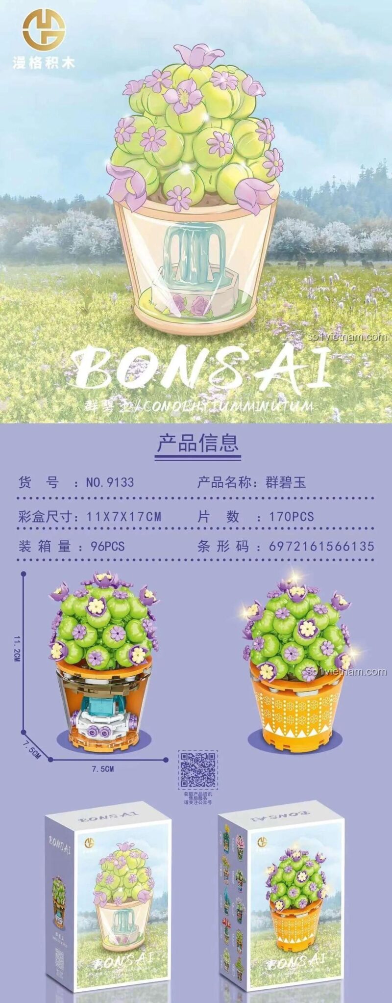 Mô hình MENG 9133 Bonsai - Cây Mọng Nước và hộp sản phẩm