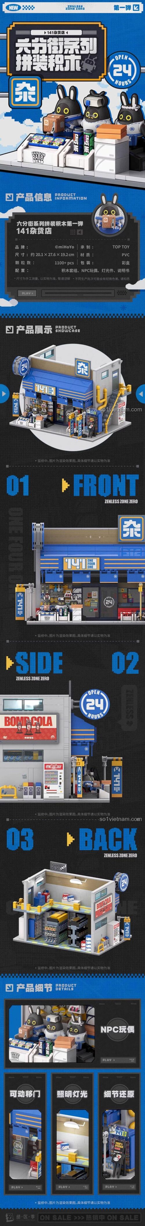 Chi tiết đồ chơi mô hình Cửa hàng tạp hóa 141 miHoYo, với các góc nhìn trước, sau, bên cạnh và các tính năng như đèn LED, cửa trượt.