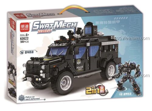 Hộp sản phẩm bộ lắp ghép MinDi K0622 Xe SWAT Đặc Nhiệm 941 chi tiết, có thể lắp thành Robot SWAT, đồ chơi xây dựng cho bé trai 6 tuổi