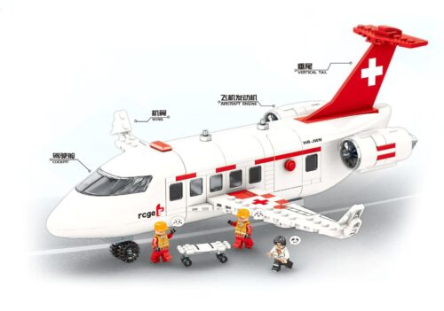 Mô hình máy bay cứu hộ Mindi K0663 với 3 minifigures và cáng cứu thương, đồ chơi lắp ghép cho bé trai 6 tuổi