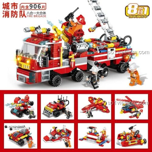 Hộp bộ xếp hình Đội cứu hỏa 8in1 Mingdi C003, Xe cứu hỏa thành phố Mingdi, đồ chơi lắp ráp nhiều kiểu cho bé trai 6 tuổi.
