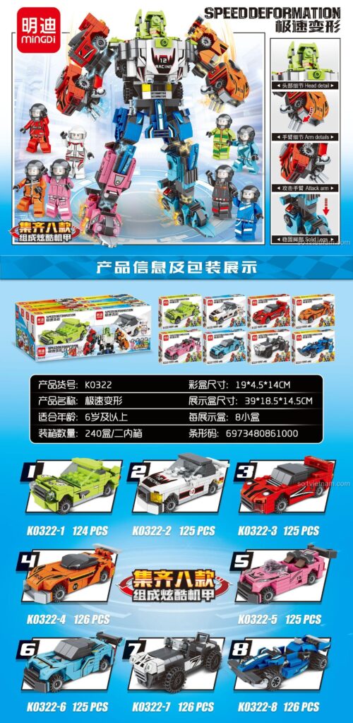 Đồ chơi lắp ráp Xe đua biến hình Mingdi K0322, xe biến hình robot Mingdi cho bé trai 6 tuổi, chất lượng cao