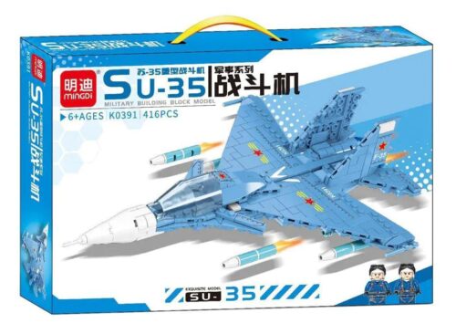 Bộ đồ chơi lắp ráp máy bay chiến đấu SU-35 K0391 của hãng 明迪minGDi, 416 chi tiết, dành cho bé trai 6 tuổi, có 2 minifigure, màu xanh dương chủ đạo, mô hình chiến đấu cơ uy lực