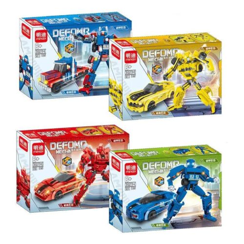 Bốn hộp đồ chơi lắp ghép Robot biến hình Mingdi K0766, mỗi hộp một kiểu xe và robot riêng biệt, màu sắc nổi bật, phù hợp bé trai 6 tuổi, giá tốt.