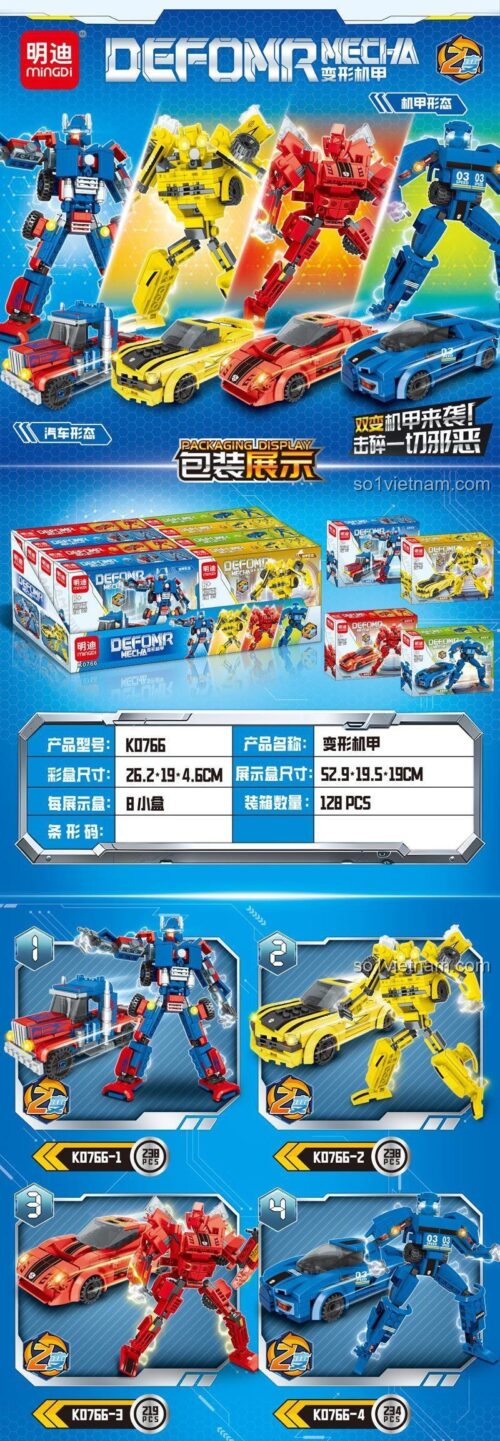 Hình ảnh tổng hợp các mẫu robot biến hình Mingdi K0766 và xe tương ứng, kèm thông số kích thước hộp và mô hình, thể hiện khả năng biến hình 2 trong 1, kích thích sáng tạo cho bé trai 6 tuổi, chất lượng cao.
