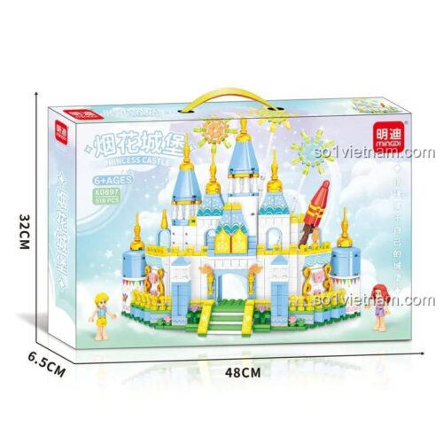 Hộp bộ lắp ghép Mingdi K0897 Lâu đài Công chúa, thể hiện kích thước 48x32x6.5 cm, 518 chi tiết, dành cho bé gái 6 tuổi, giá tiết kiệm.