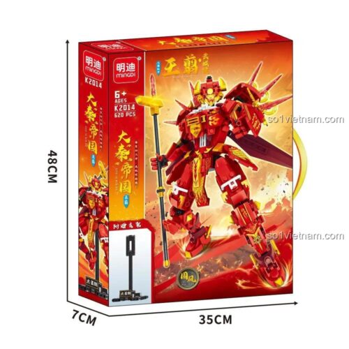 Hộp sản phẩm bộ lắp ghép Mingdi K2014 Cơ Giáp Vương Tiễn, đồ chơi mô hình 620 mảnh, thể hiện kích thước hộp 35x48x7 cm, giá rẻ cho bé trai.