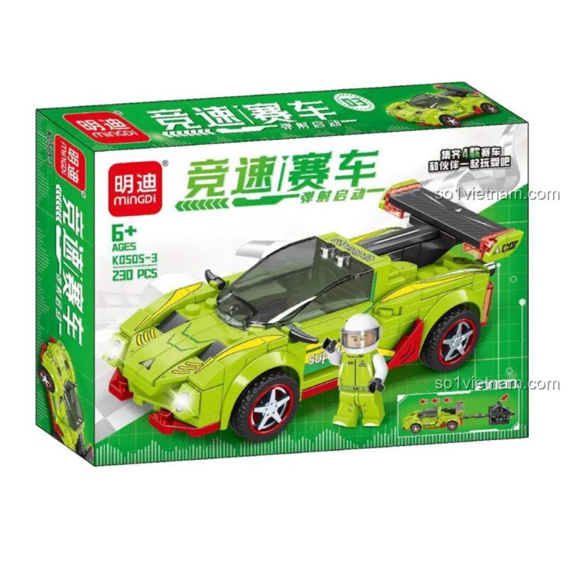 Hộp bộ lắp ghép Mingdi K0505-3 Xe Đua Phóng Đạn màu xanh lá, 230 khối, giá tốt cho bé trai 6 tuổi.