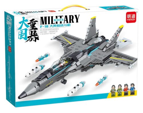 Bộ đồ chơi máy bay chiến đấu F-18 Hornet Mingi K0188 với 955 chi tiết, 4 minifigures phi công, có khả năng bắn đạn nhựa, phù hợp cho bé trai 6 tuổi.