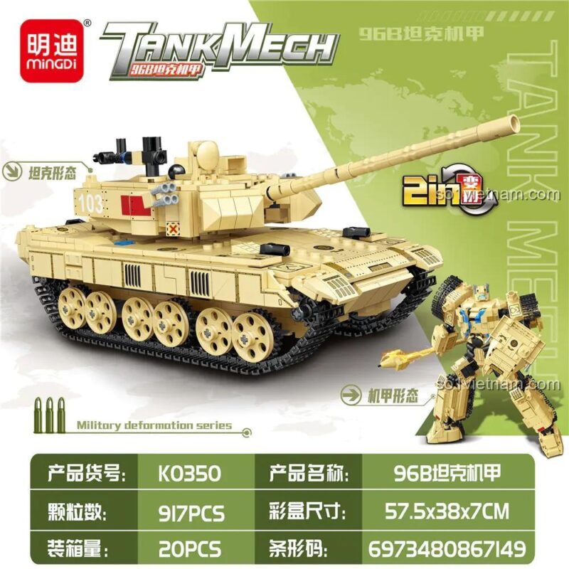 Thông tin chi tiết bộ đồ chơi xe tăng cơ khí 96B Mingi K0350: mã K0350, 917 chi tiết, kích thước hộp 57.5x38x7cm