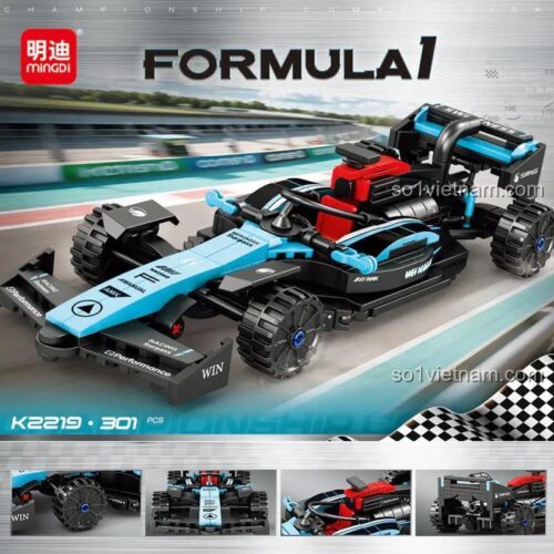 Mô hình xe đua F1 Mingi K2219 sau khi lắp ráp, màu xanh đen đỏ, 301 mảnh ghép