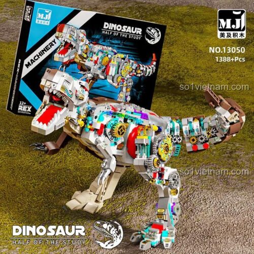 Hình ảnh bộ lắp ghép Khủng long bạo chúa T-Rex MJ 13050 bên cạnh vỏ hộp sản phẩm, thể hiện thiết kế bán cơ khí độc đáo.