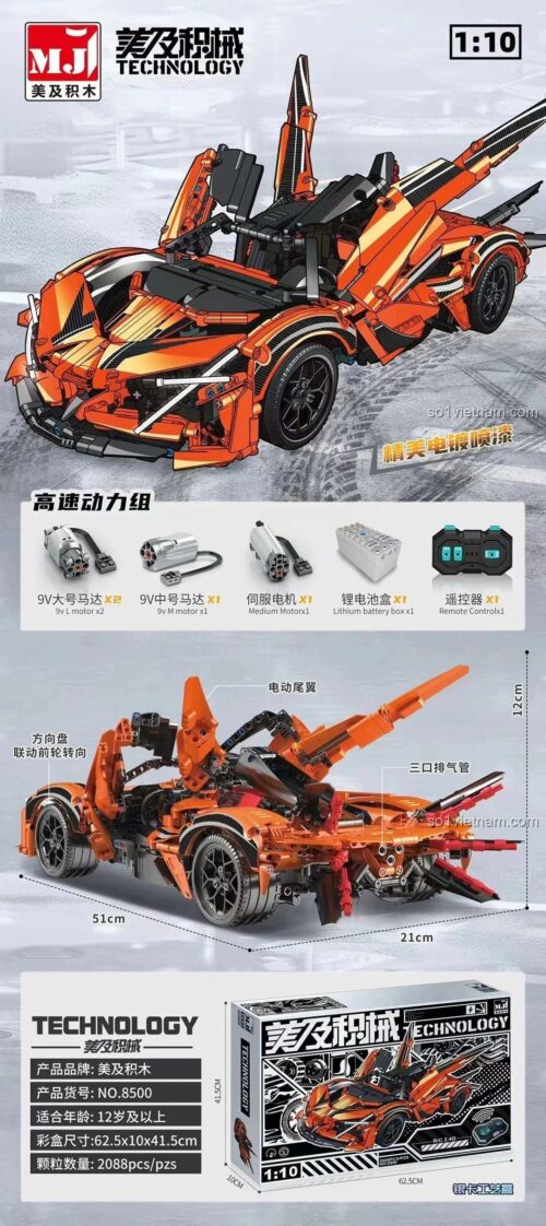 Chi tiết bộ xếp hình Hypercar Apollo EVO 8500, gồm 2088 mảnh, động cơ và điều khiển từ xa, quà tặng cho con trai.
