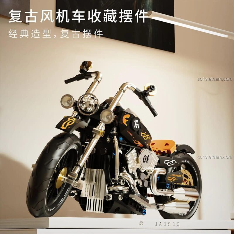 Mô hình xe máy Harley-Davidson cổ điển 拓木 T1007 trưng bày trong nhà, bộ lắp ghép Technic cho bé 8 tuổi, 445 mảnh ghép, giá tốt