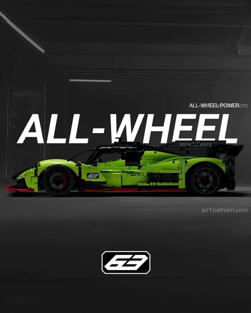 Mô hình xe Lamborghini SC63 Nifeliz NF10283, có chữ "ALL-WHEEL POWER", trên nền đen