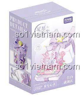 Hộp nhẫn ước sao 月光社 804417, hộp đựng trang sức hình hộp quà, màu tím và trắng, có nơ và hình bướm, đồ chơi giáo dục cho bé gái 6 tuổi