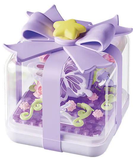 Hộp nhẫn ước sao 月光社 804417, bộ đồ chơi lắp ghép hình hộp quà tình yêu màu tím pastel, có nơ và hình bướm, kích thước 7x7x6.7cm, đồ chơi sáng tạo cho bé gái 6 tuổi