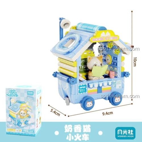 Kích thước mô hình Tàu Hỏa Sách Mèo Sữa 802036 của 月光社: chiều dài 11.5cm, chiều rộng 5.4cm, chiều cao 10.8cm, hộp 9.4x5.4x10cm, bộ lắp ghép 400 chi tiết, màu xanh dương, phù hợp cho bé gái 14 tuổi, giá tốt, đồ chơi giáo dục, sáng tạo