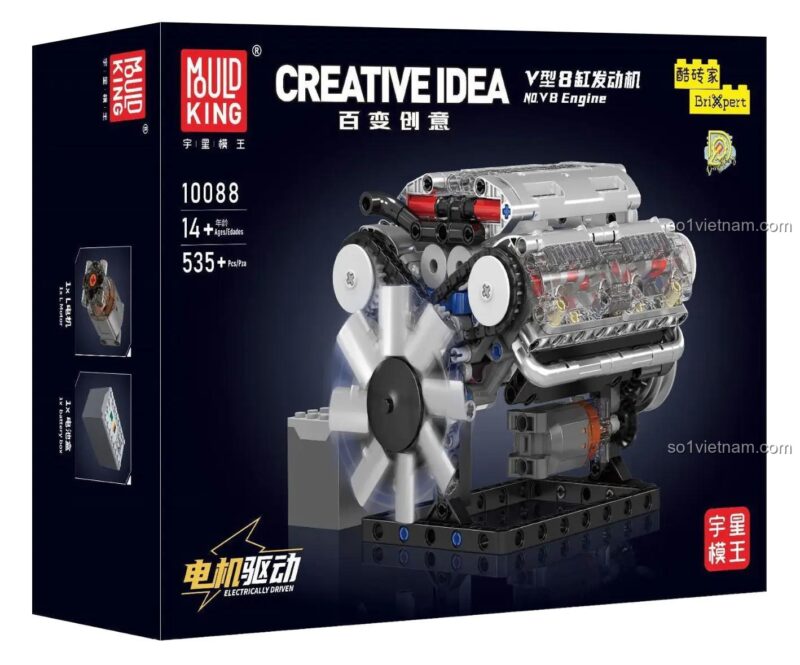 Hộp sản phẩm Mould King 10088 Động cơ V8 chạy điện, Mô hình động cơ V8, Đồ chơi kỹ thuật, 535 mảnh, Độ tuổi 14+
