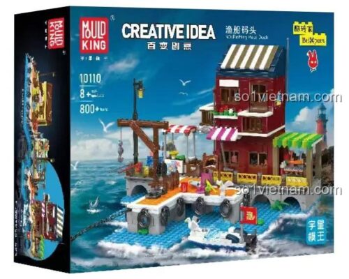 Hộp sản phẩm Mould King 10110 Bến tàu cá, bộ lắp ghép 800 mảnh, đồ chơi xây dựng cho bé 8 tuổi
