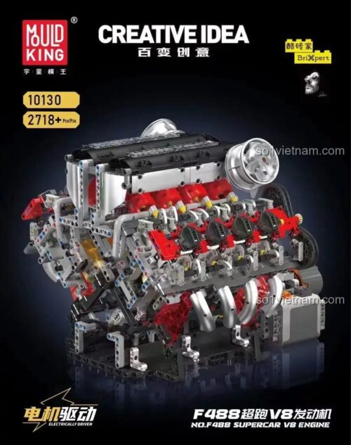 Mould King 10130 Động cơ Siêu xe F488 V8 lắp ráp kỹ thuật, Cỗ máy V8 Tinh xảo, có thể vận hành và điều khiển từ xa, cho bé trai 14 tuổi