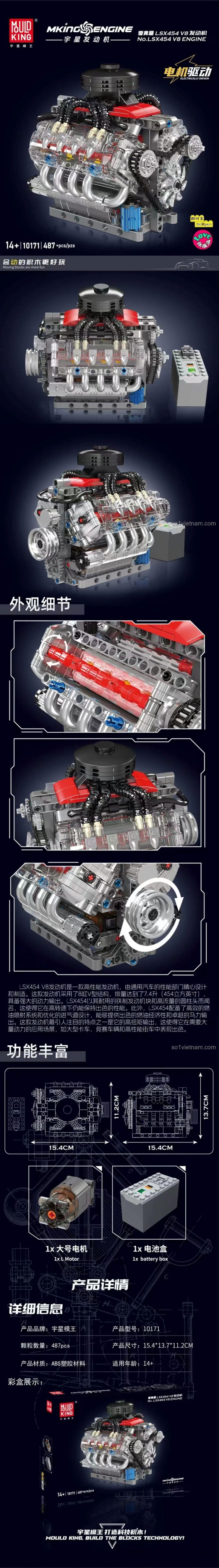 Chi tiết mô hình động cơ V8 Chevrolet LSX454 Mould King 10171, bộ lắp ghép kỹ thuật, 487 chi tiết, độ tuổi 14+