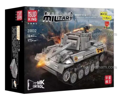 Hộp sản phẩm bộ lắp ghép xe tăng M18 Hellcat điều khiển từ xa Mould King 20032, có hình ảnh xe tăng đang chiến đấu